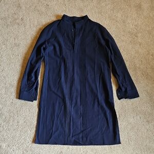 Cotton/Linen Blend Navy Long Sleeve Dress